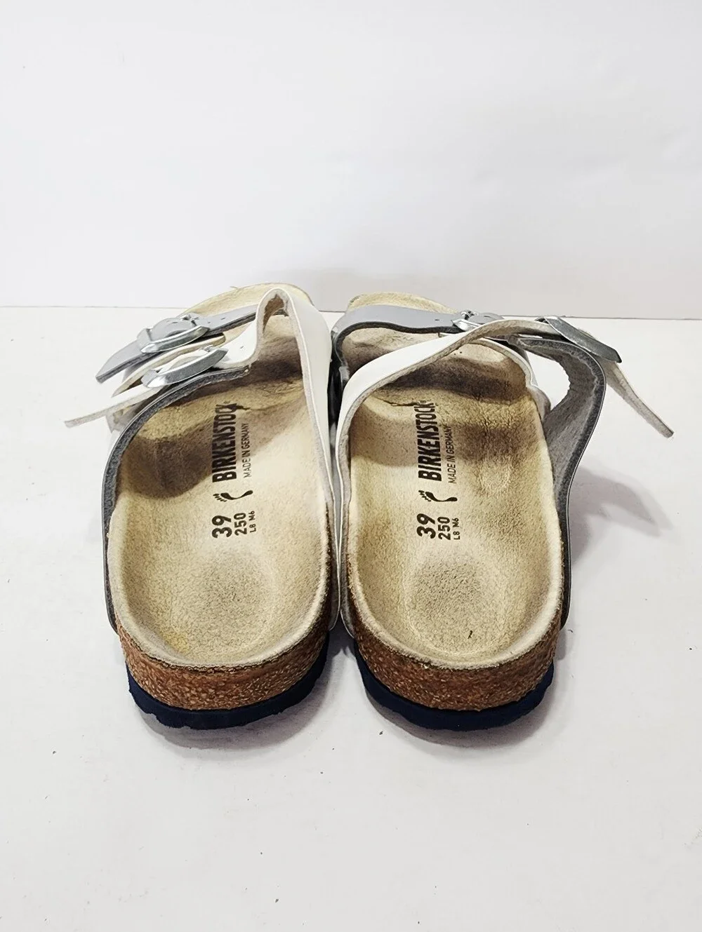Birkenstock Arizona Two-Strap Sandal in Silver/White Size 39